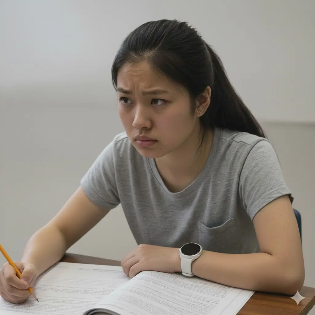 A high school girl with long black hair looking up and looking stressed while taking a test.