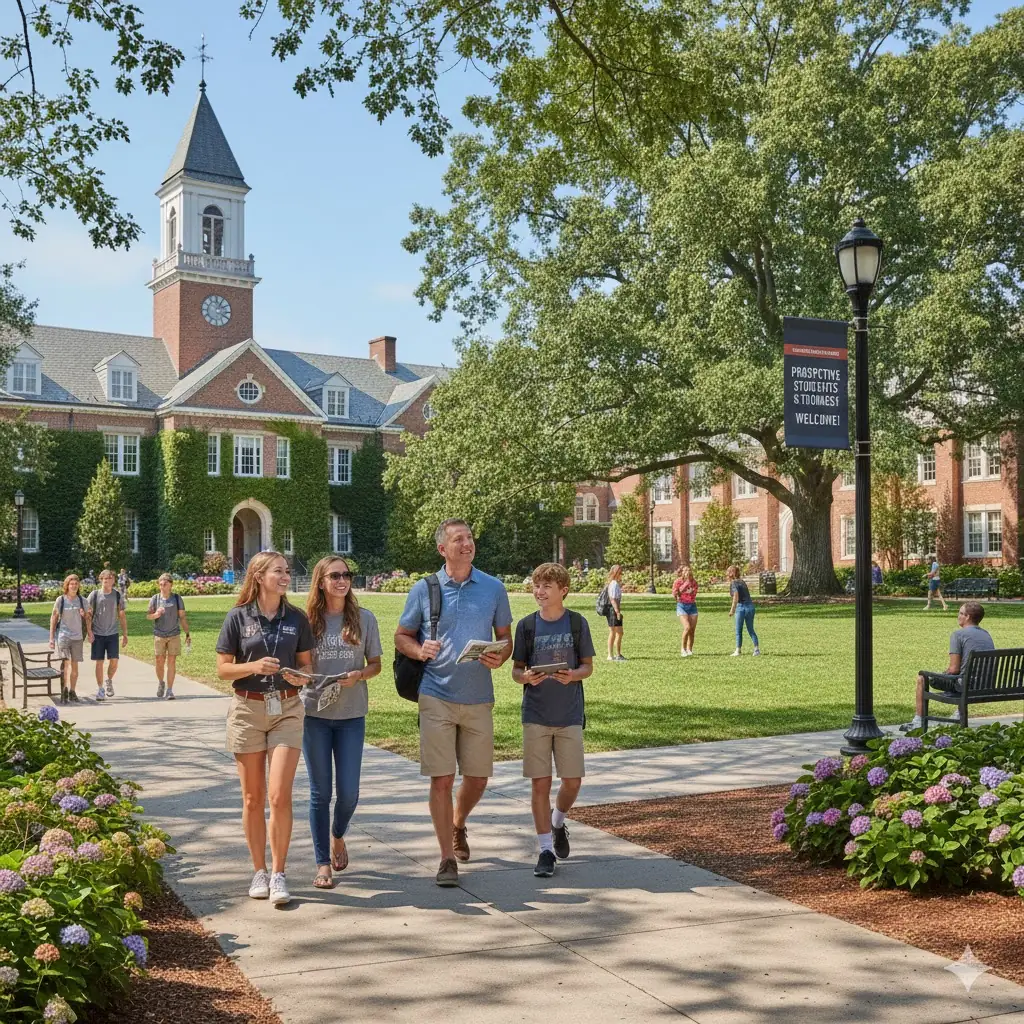 A family of three walking with a tour guide as they tour a college on a sunny day.