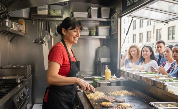 Middle aged woman cooking over a griddle in a food truck while a crowd of young people wait outside.