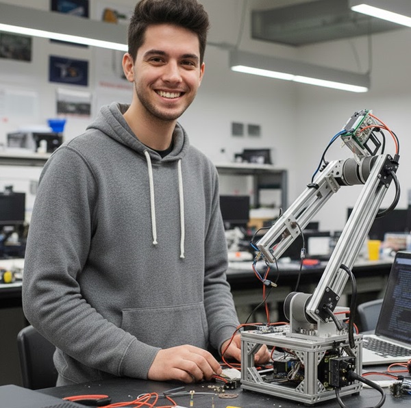 Young man wearing a gray sweatshirt smiling at the camera and standing next to a robotic arm.