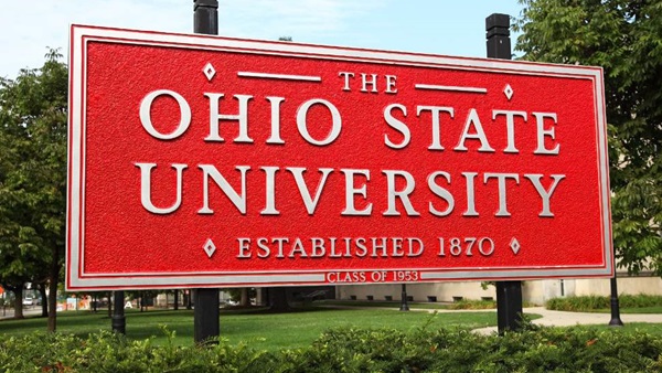 A red sign with gold trim that reads, "Ohio State University."
