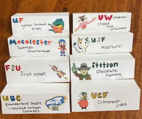 Blocks with college names on them and associated appetizer names such as Florida Gators--gator bites