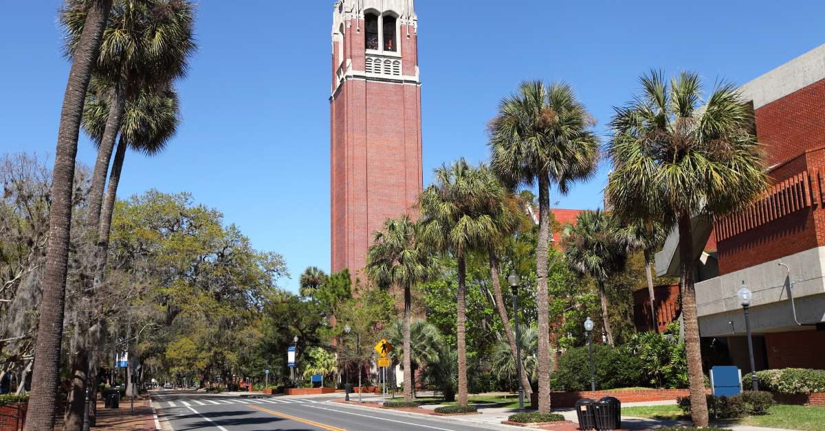 A large brick building with a tower at the University of Florida