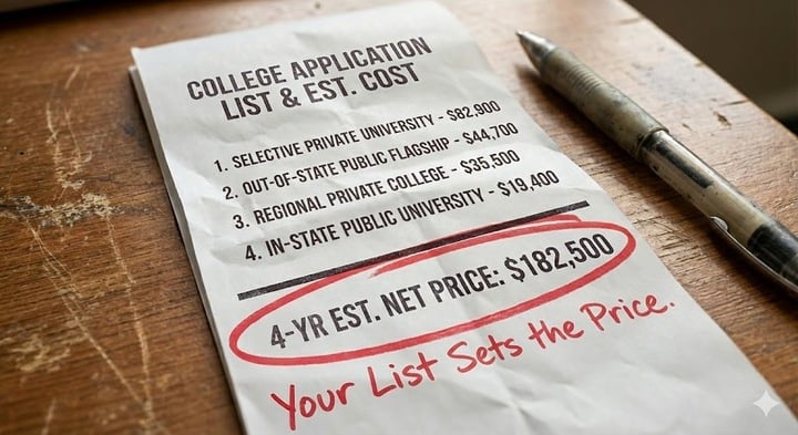 White receipt with the cost of colleges written on it. At the bottom is "4 Yr Estimated Net Price: $182,500"