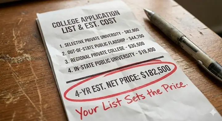 White receipt with the cost of colleges written on it. At the bottom is "4 Yr Estimated Net Price: $182,500"
