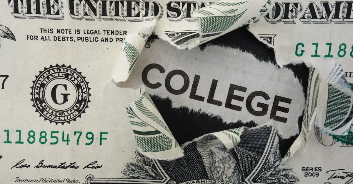 A picture of a dollar bill with the part with the president's face torn and underneath is written, "College."