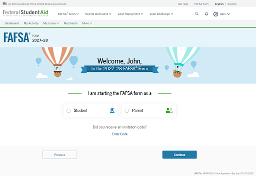 The opening screen of the FAFSA. This shot shows "Welcome John"